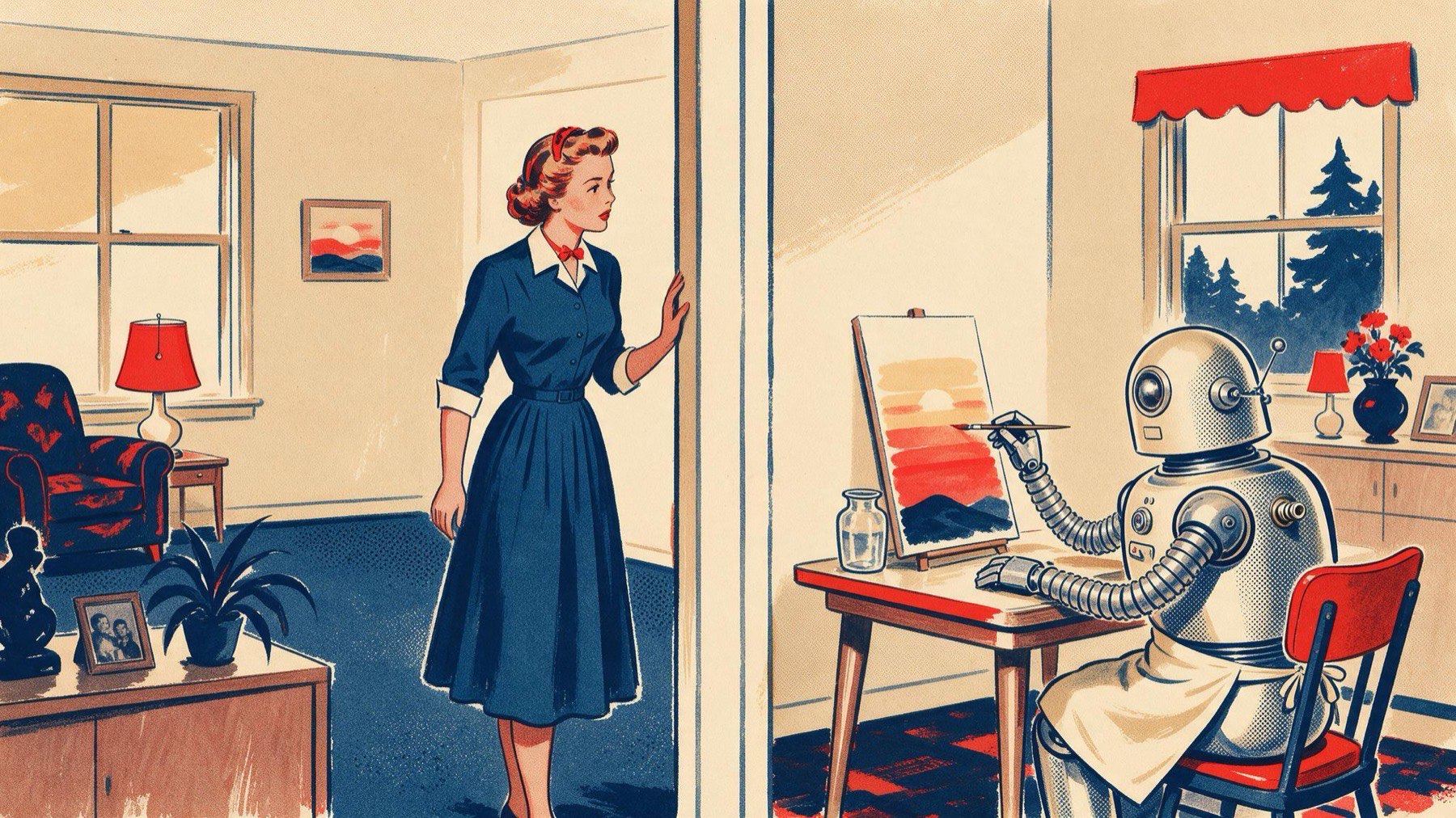 A homemaker pauses in a doorway as her housekeeping robot paints a sunset at the kitchen table. A bolt on its shoulder is working loose.