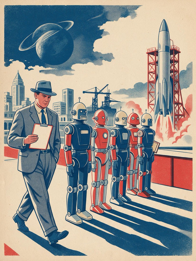 An NDR inspector with a clipboard walks a line of robots. The last robot hides a book of poetry behind its back.