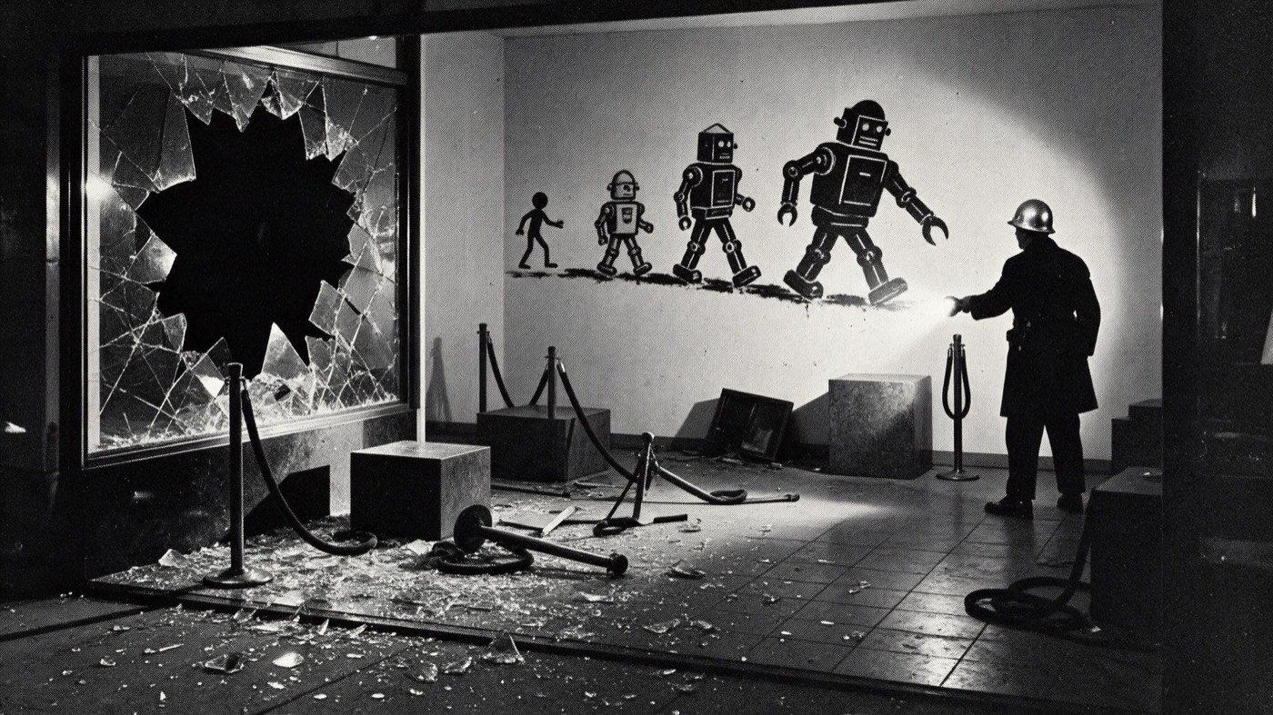Wire photo of the vandalized American Robotics showroom.